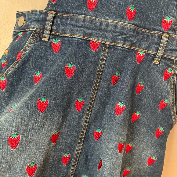 HELL BUNNY Strawberry Denim Pinafore Dress Pinup Novelty Embroidered Size M - Picture 5 of 11